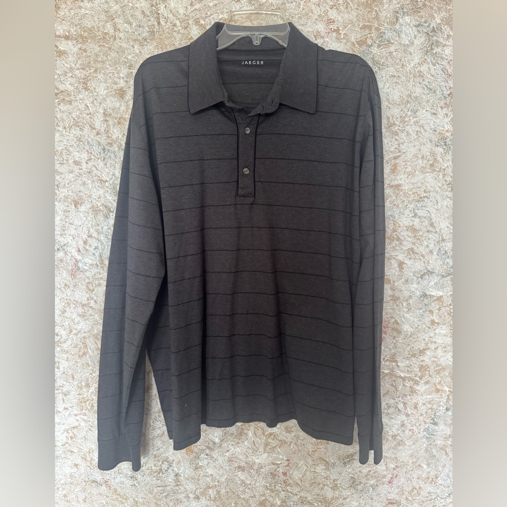 JAGER Mens Polo Shirt Black Grey Striped 100% Cotton